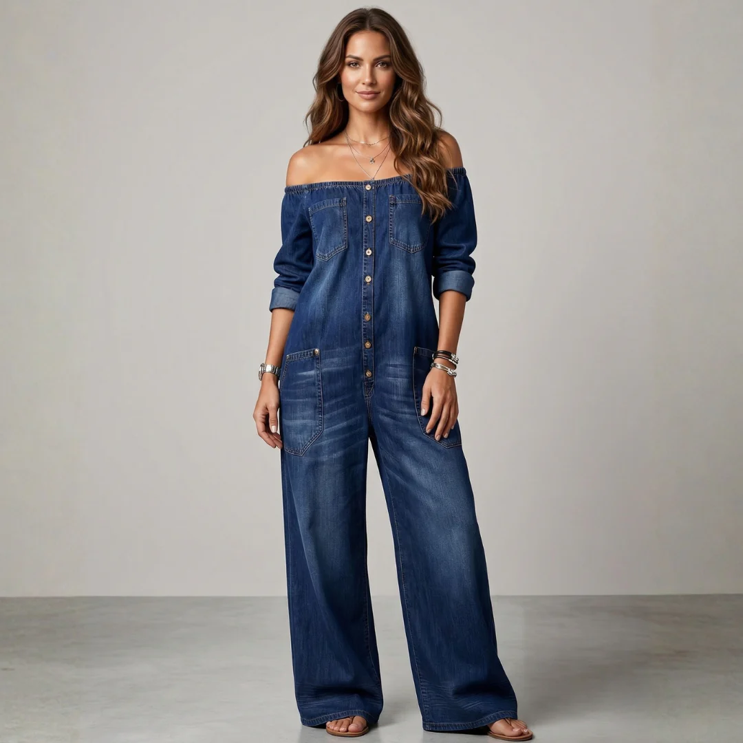 Vintage off-shoulder denim overalls, dark blue wash, front buttons and chest patch pockets