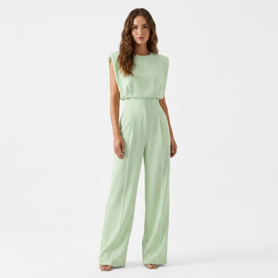 Mint green belted sleeveless jumpsuit with high waist and wide-leg pants