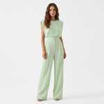 Mint green belted sleeveless jumpsuit with high waist and wide-leg pants