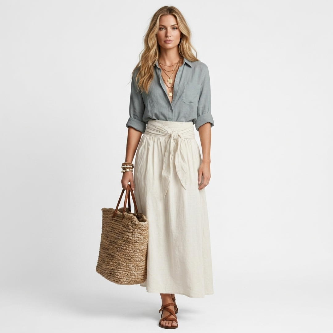 Two-piece set: blue-gray V-neck button blouse and white drawstring midi skirt