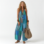 Patchwork plus-size sleeveless jumpsuit in teal and blue with wide legs