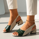 Orthopedic sandal, green faux-croc upper, open toe, beige straps, gold chain ankle