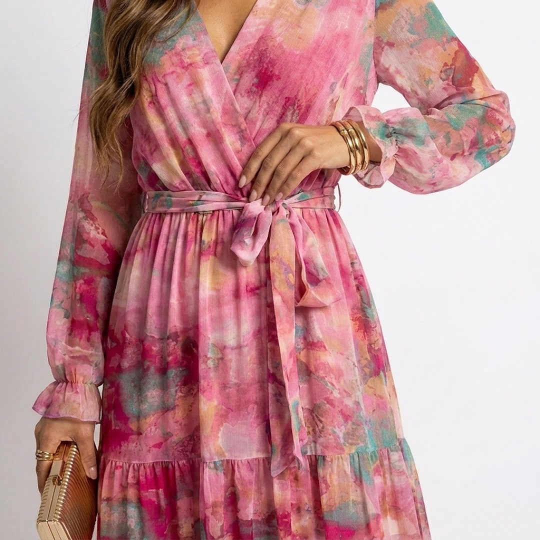 Luzia floral wrap dress close-up: V-neck bodice and tied waist belt, tiered ruffles