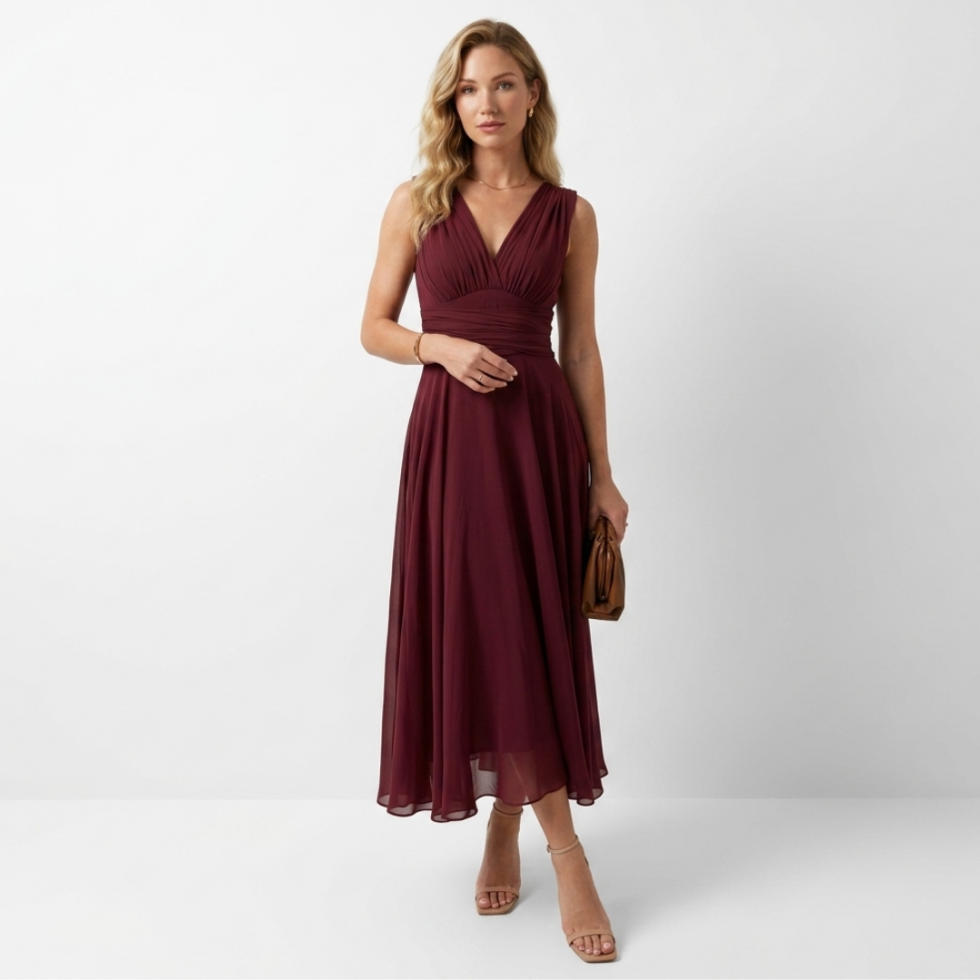 Burgundy sleeveless midi dress with V-neck front and gathered waist