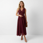 Burgundy sleeveless midi dress with V-neck front and gathered waist