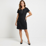 Black short-sleeve shift dress with front zipper and side pockets with button details.