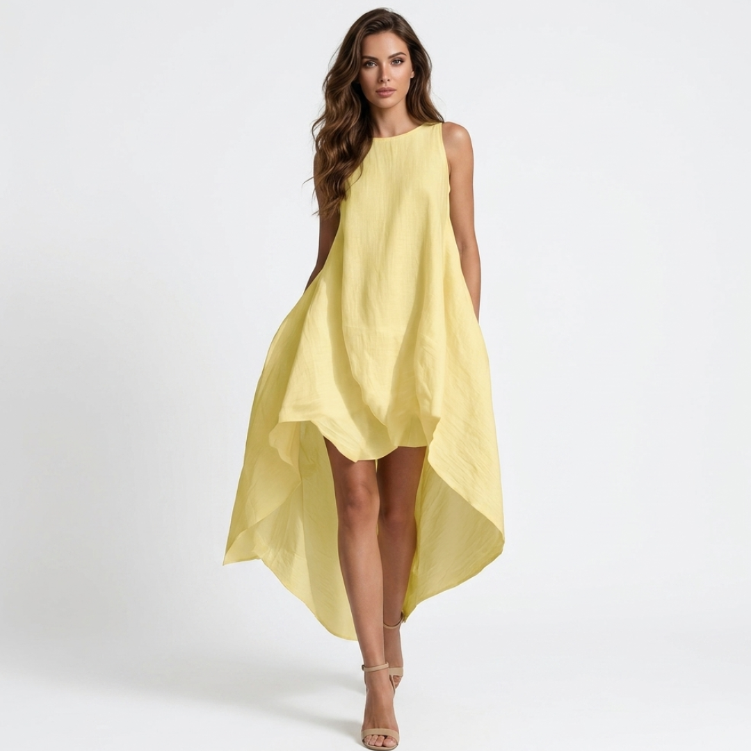 Yellow sleeveless asymmetrical dress with flowing high-low hem