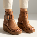 Tan leather-look ankle-boot style wedge sandals with open toe and buckle strap