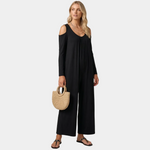 Black cold-shoulder elegant jumpsuit with long sleeves and wide-leg pants