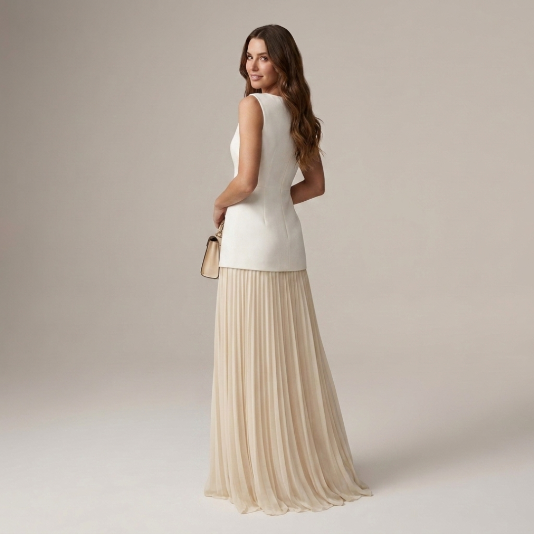 2-piece set with off-white sleeveless top and cream pleated maxi skirt
