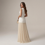 2-piece set with off-white sleeveless top and cream pleated maxi skirt