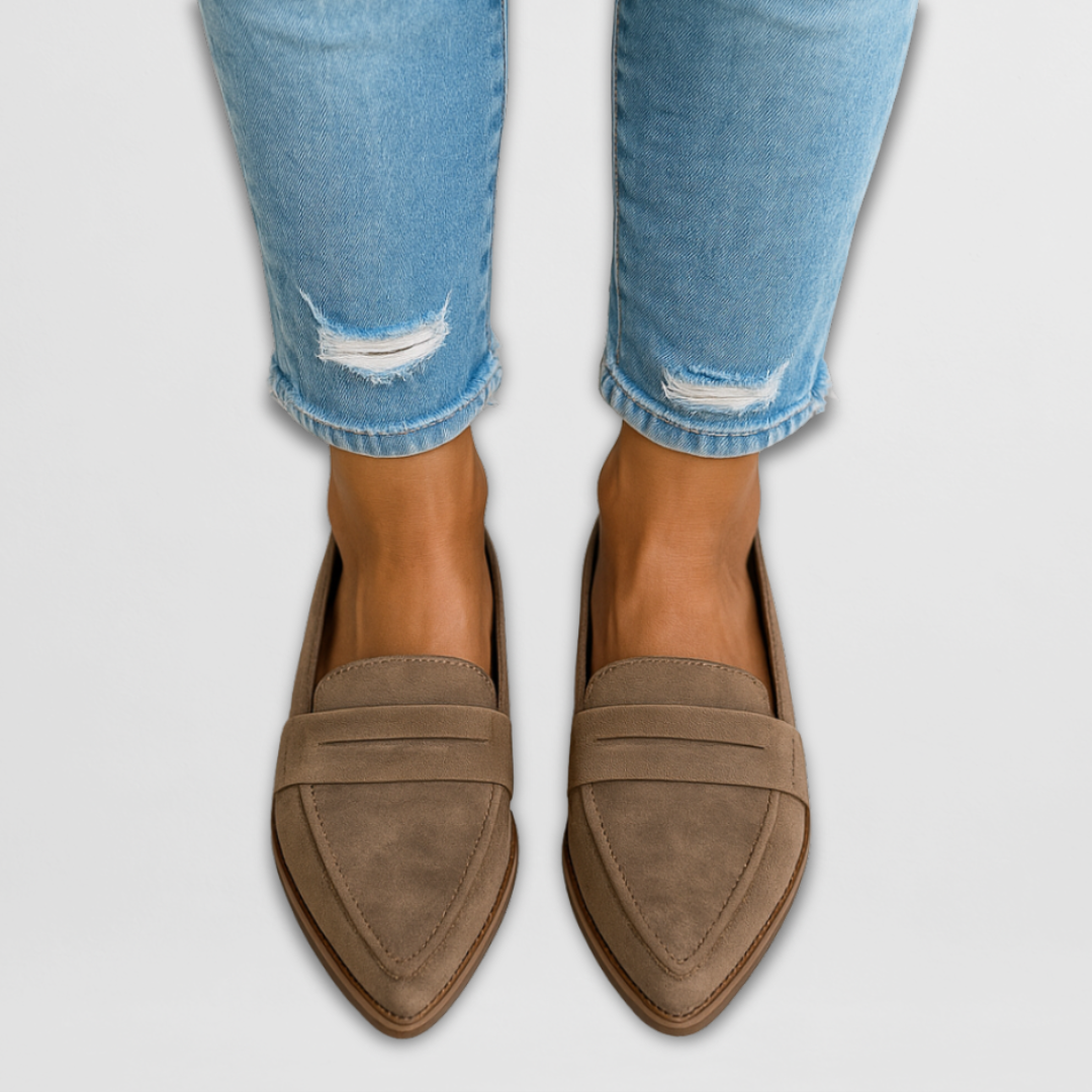 Taupe suede leather moccasin loafers with stitched vamp and moc-style seam.