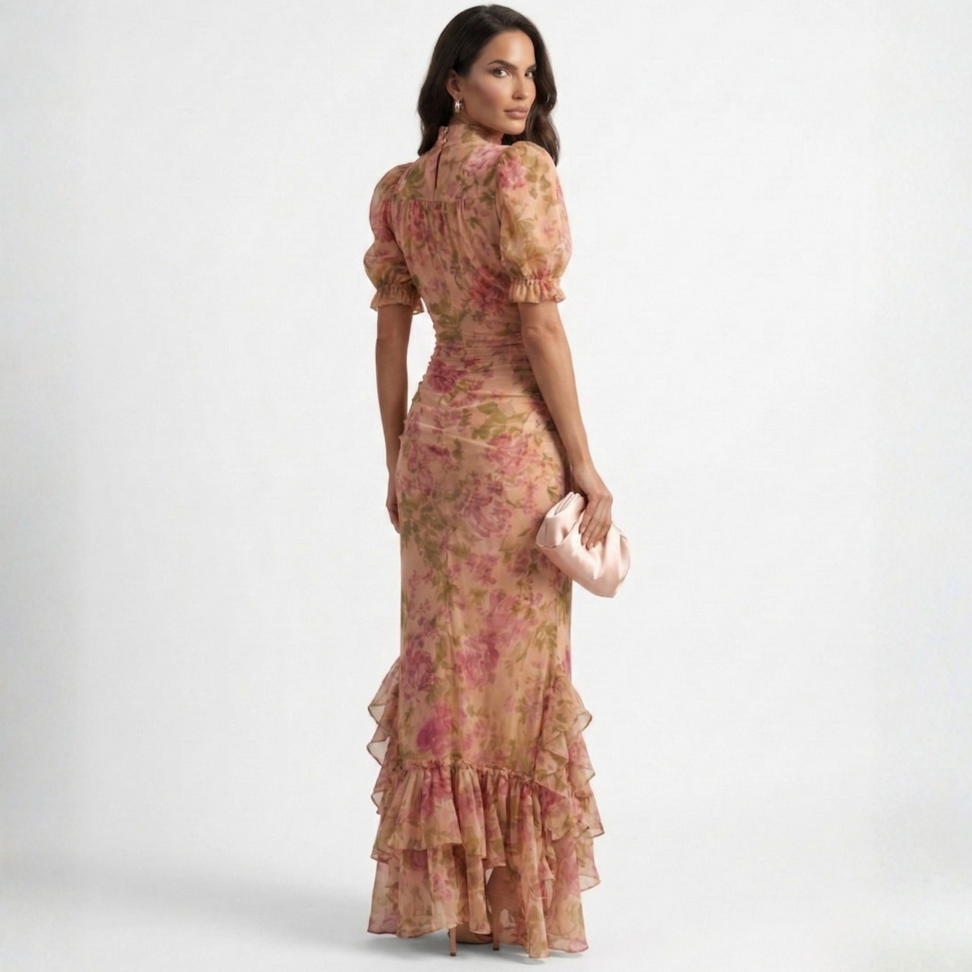 Floral midi dress with puff sleeves and ruffled skirt hem, pink-yellow leafy print