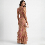 Floral midi dress with puff sleeves and ruffled skirt hem, pink-yellow leafy print