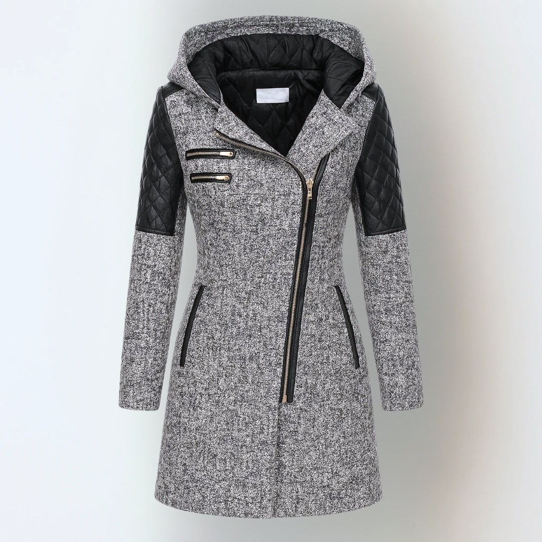 Women’s winter parka coat in light gray with hood, front zipper, quilted black sleeves