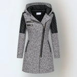 Women’s winter parka coat in light gray with hood, front zipper, quilted black sleeves