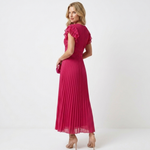 Delia pleated midi dress in magenta pink, ruched waist and ruffle sleeves, side view