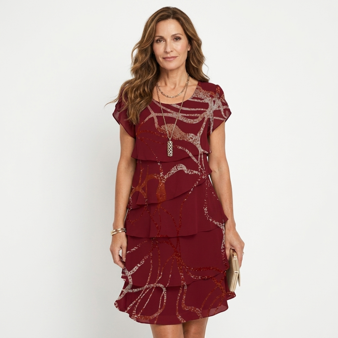 Dark red ruffle dress with abstract white pattern, cap sleeves, layered tiers