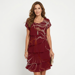 Dark red ruffle dress with abstract white pattern, cap sleeves, layered tiers