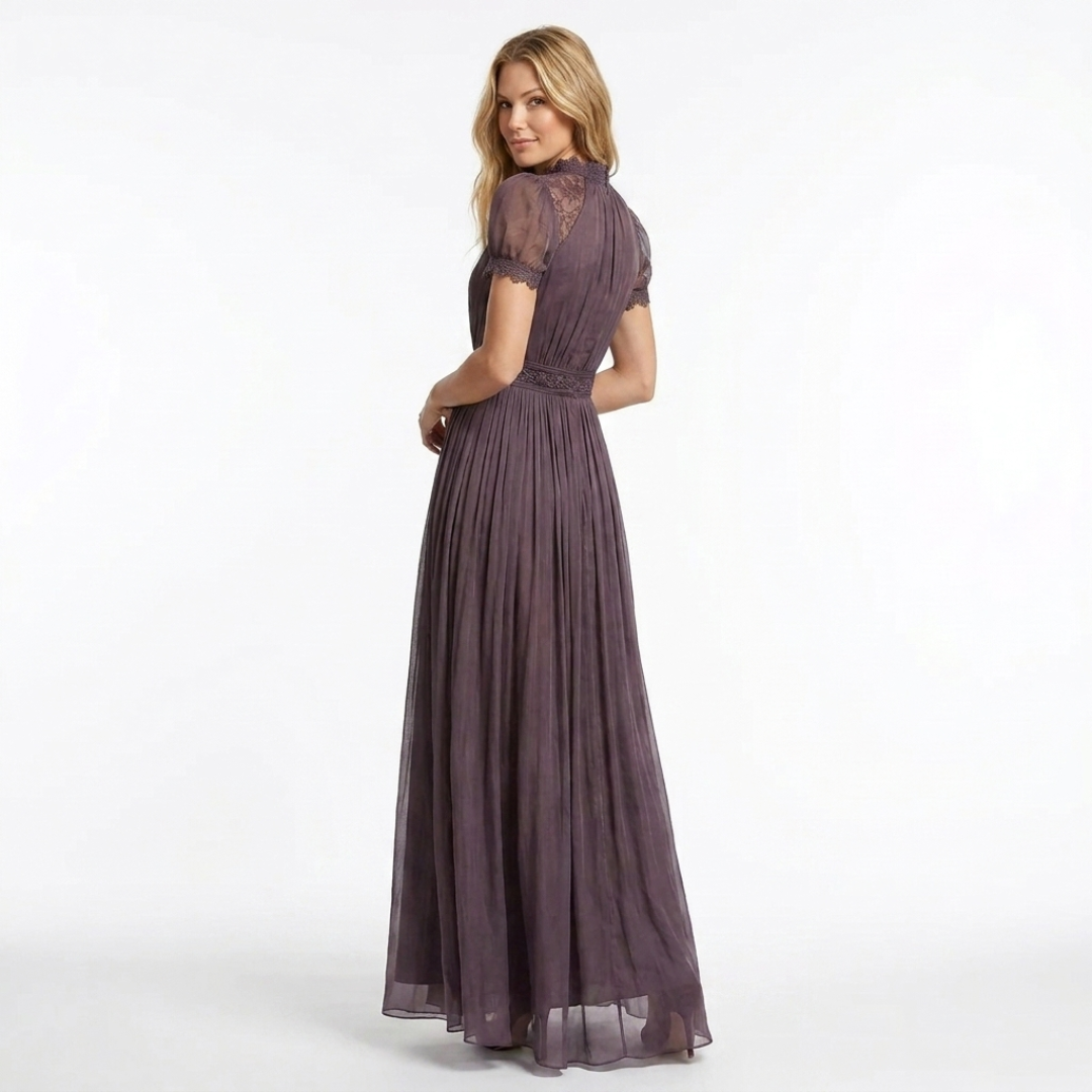 Long violet dress with deep V neckline, short lace sleeves, full A-line skirt