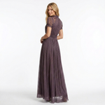 Long violet dress with deep V neckline, short lace sleeves, full A-line skirt