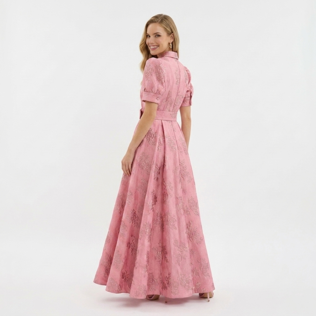 Pink puff-sleeve midi dress with waist belt and gathered full skirt