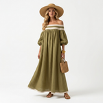 Olive green long off-shoulder maxi dress with cream stripe detail and balloon sleeves.