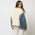Patchwork cardigan back with cream knit cable pattern and dark denim sleeves