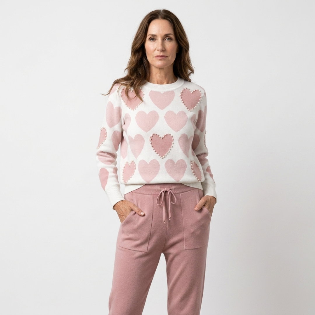 Rose heart-print crewneck sweater and mauve joggers with drawstring waist