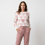 Rose heart-print crewneck sweater and mauve joggers with drawstring waist