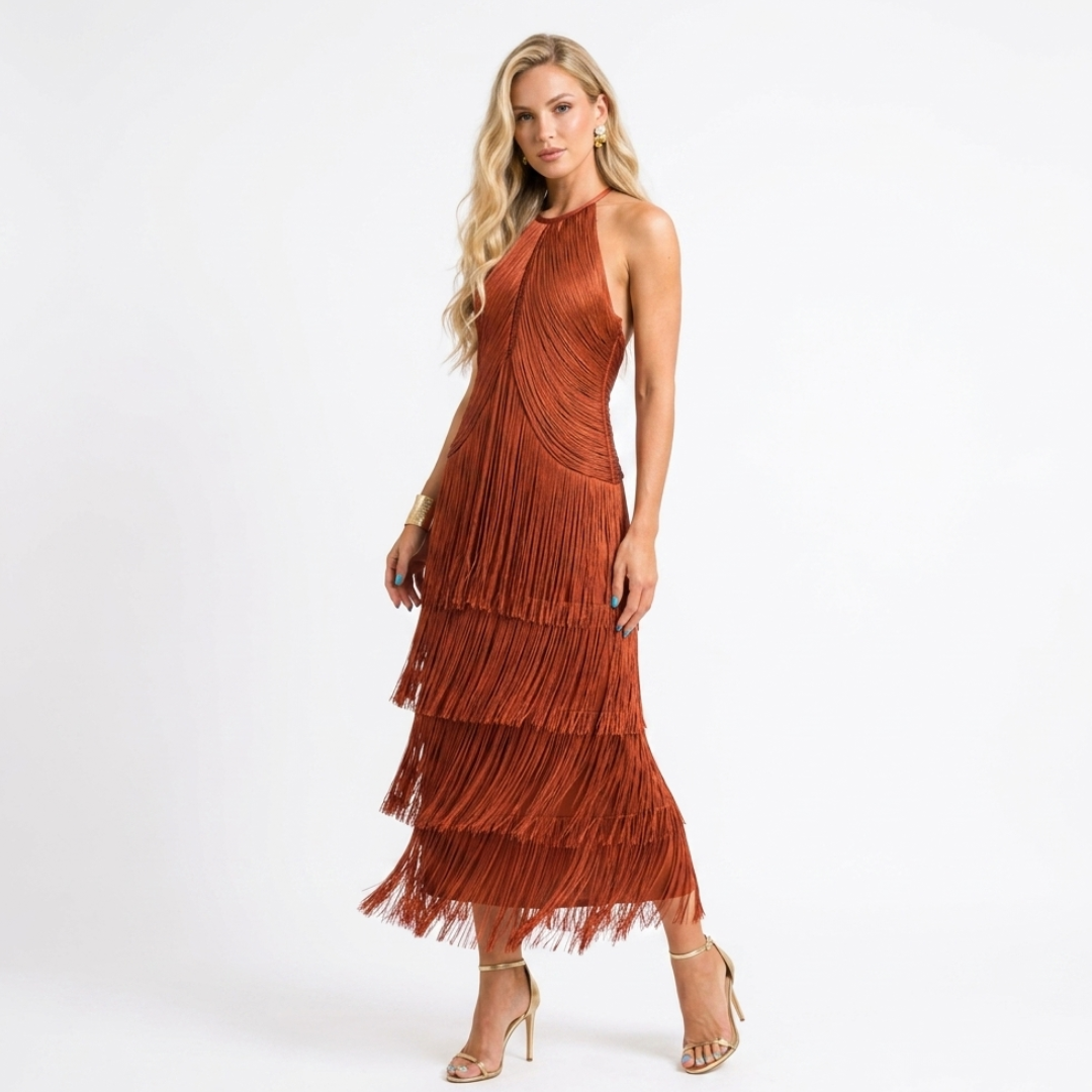 Rust orange sleeveless halter ruffled fringe midi dress with tiered layers