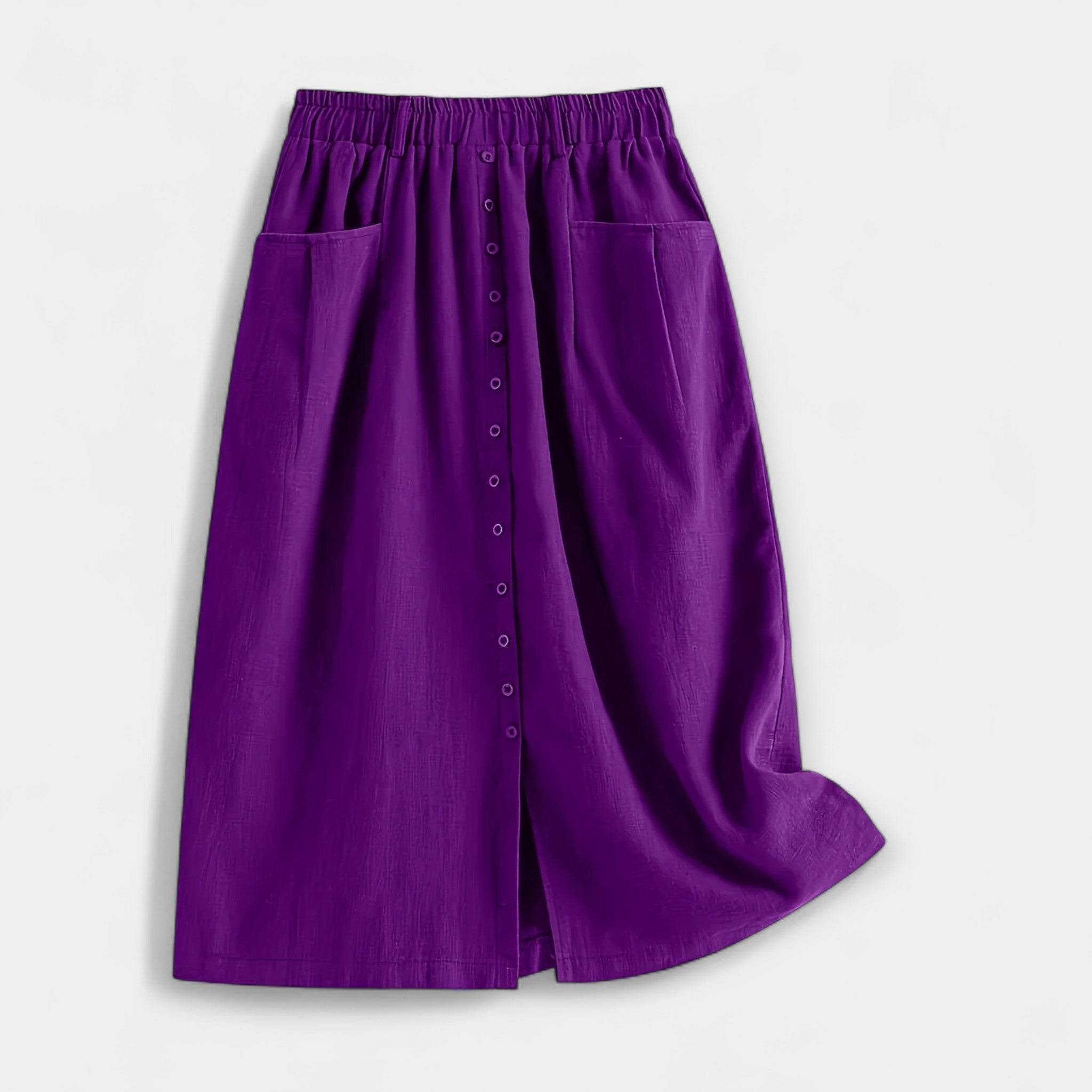 Purple midi skirt with elastic waistband, front buttons, and side pockets.