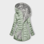 Light green quilted hooded jacket with full zipper, contrast lining, zip pockets
