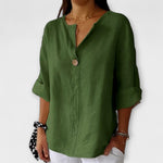 Lightweight button-front blouse, V-neck, elbow sleeves, green