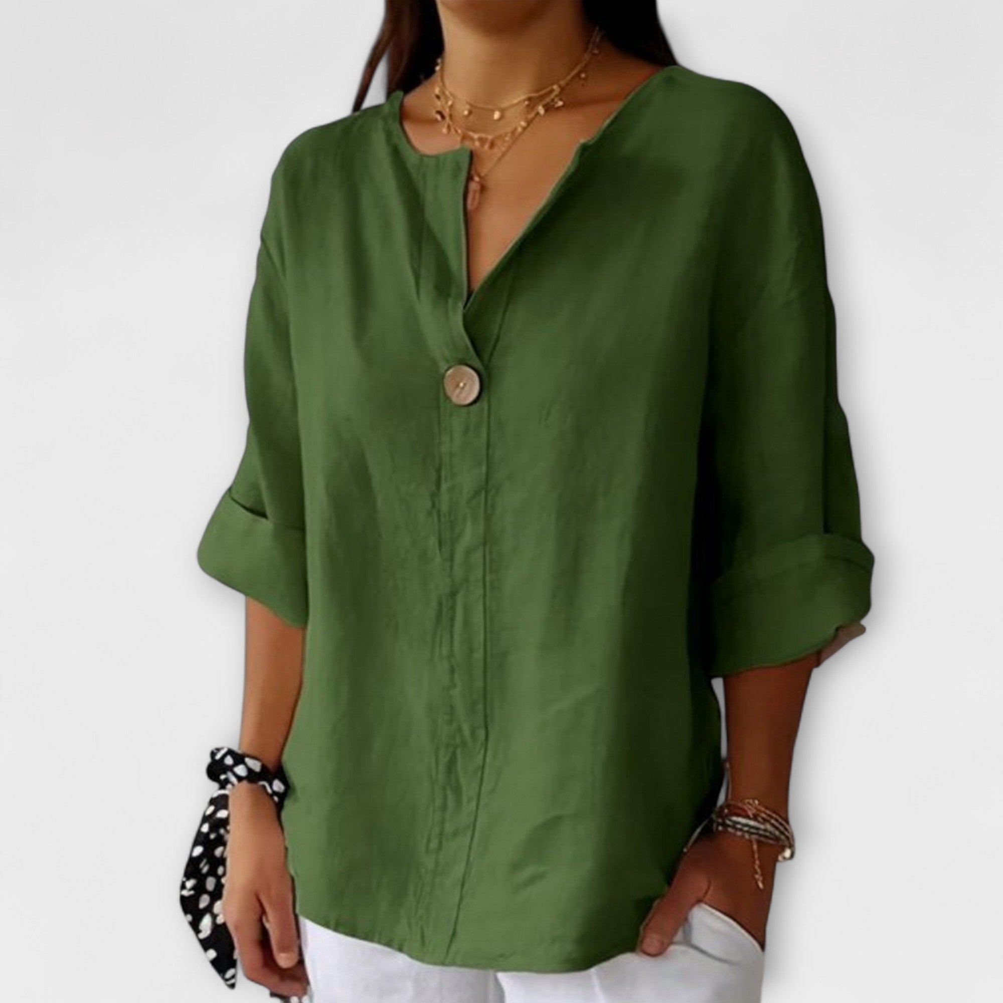 Lightweight button-front blouse, V-neck, elbow sleeves, green