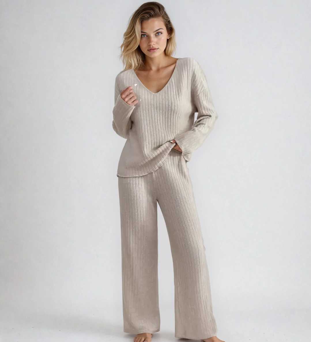 Vivienne two-piece knit lounge set in light beige: V-neck long-sleeve top and wide-leg pants