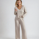 Vivienne two-piece knit lounge set in light beige: V-neck long-sleeve top and wide-leg pants