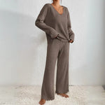 Vivienne two-piece knit lounge set in dark brown: V-neck long-sleeve top and wide-leg trousers