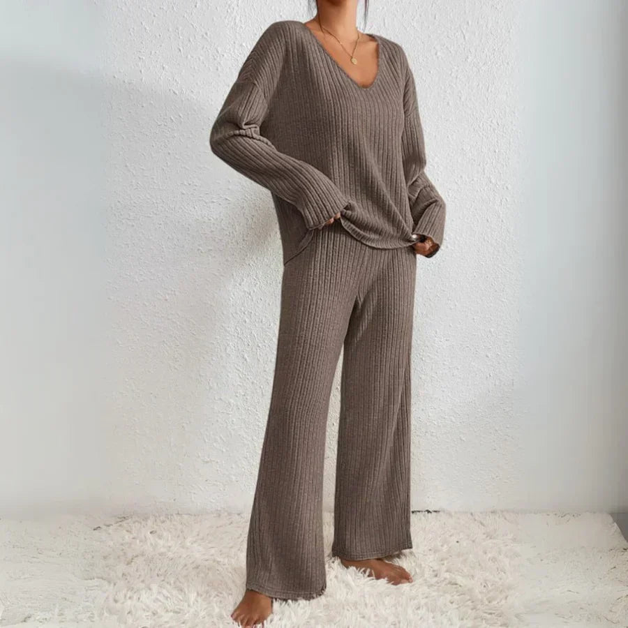 Vivienne two-piece knit lounge set in dark brown: V-neck long-sleeve top and wide-leg trousers