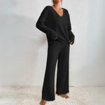 Vivienne two-piece knit lounge set in black: V-neck long-sleeve top and wide-leg trousers