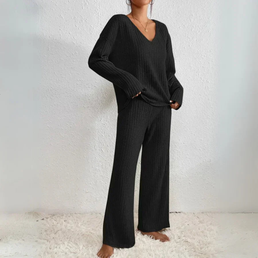 Vivienne two-piece knit lounge set in black: V-neck long-sleeve top and wide-leg trousers