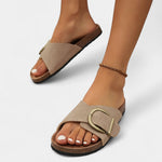 Lukia khaki cork sandals with wide strap and round gold buckle, open toe