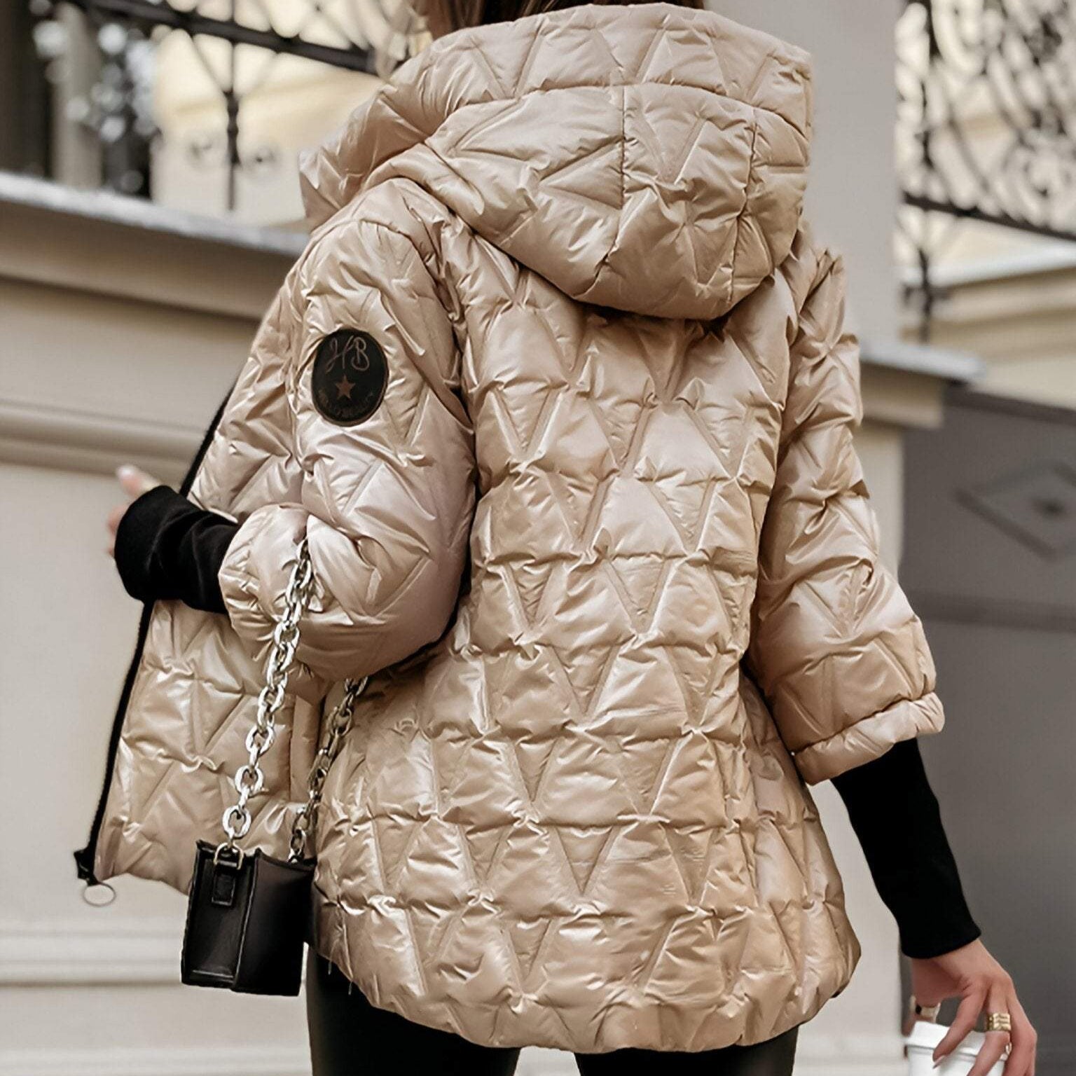 Elena wide-collar puffer jacket, light khaki, quilted hood and logo patch on sleeve