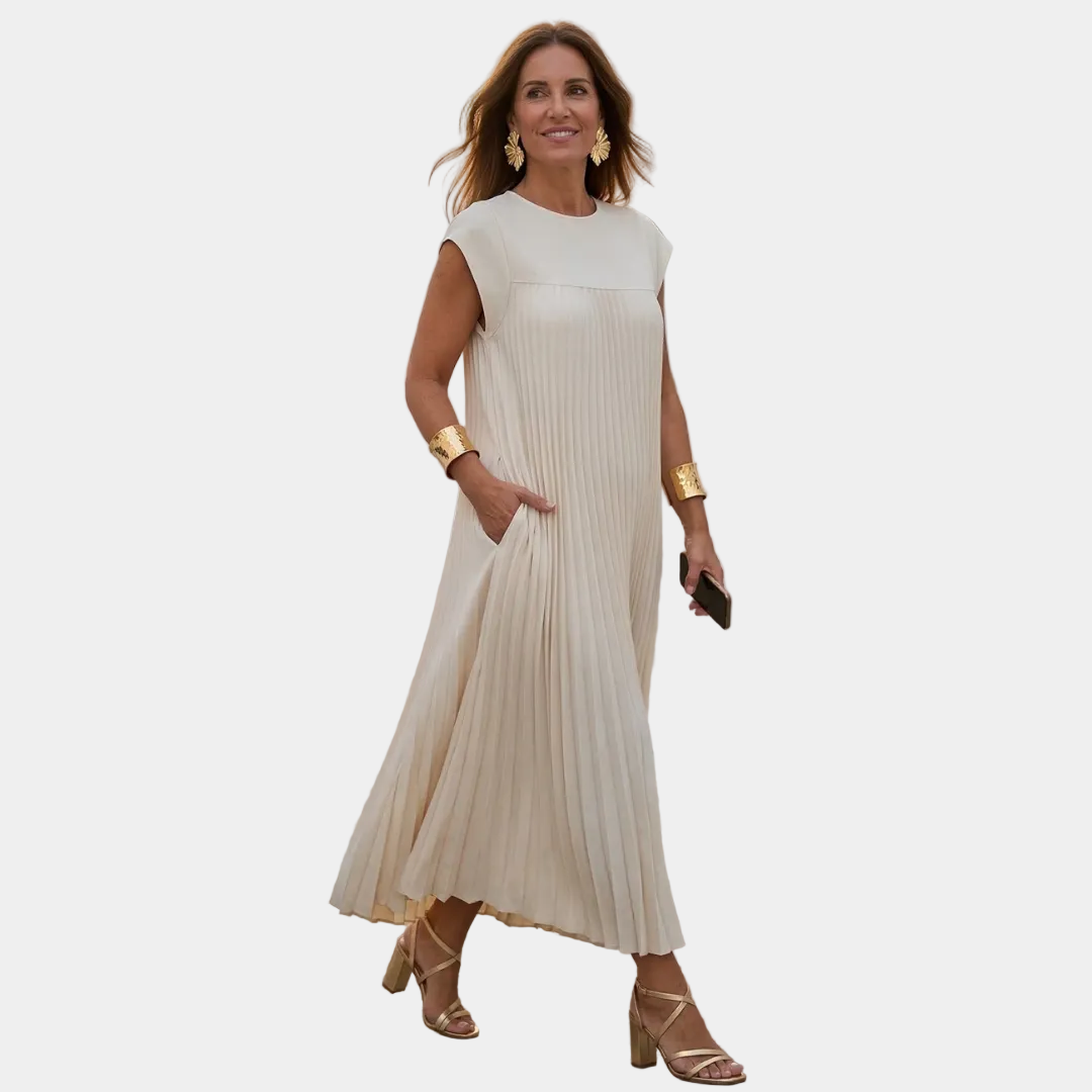 Beige sleeveless pleated midi comfort dress with gathered bodice