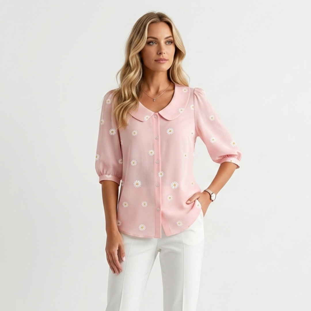 Pink daisy button-front blouse with pointed collar and 3/4 sleeves