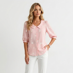 Pink daisy button-front blouse with pointed collar and 3/4 sleeves