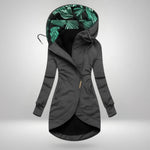 Women’s winter coat in dark gray, zip-front hood with green leafy inner lining