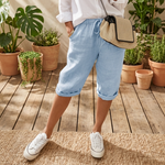 Beatrice cotton drawstring capri shorts, light blue with cuffed hem and pockets