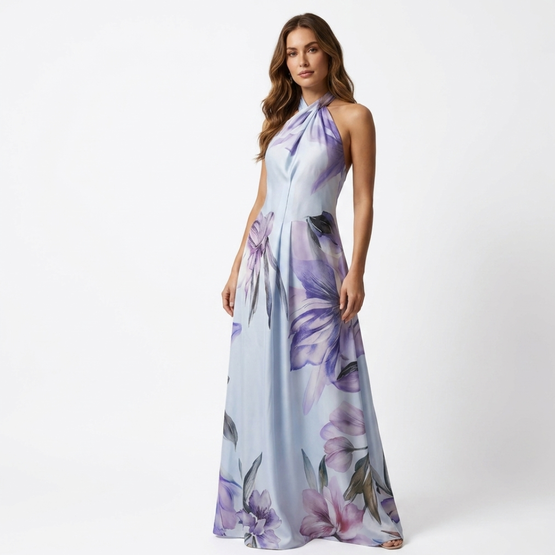 Anca halter floral maxi dress, light blue base with purple and lavender flower print