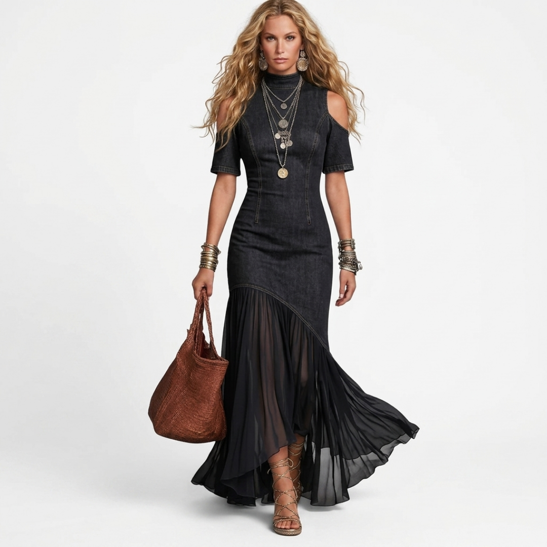 Black denim long dress with cold-shoulder cutouts and sheer tulle maxi hem